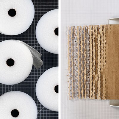 Image de rouleaux de papier bulle à gauche, un rouleau 3M Scotch™ Cushion Lock™ à droite.